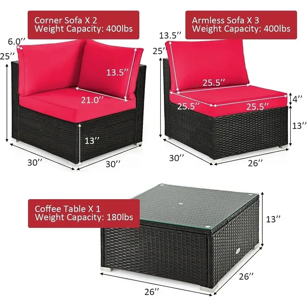 6-Piece Outdoor Wicker Patio Furniture Set with Cushions and Glass Top Coffee Table in Red