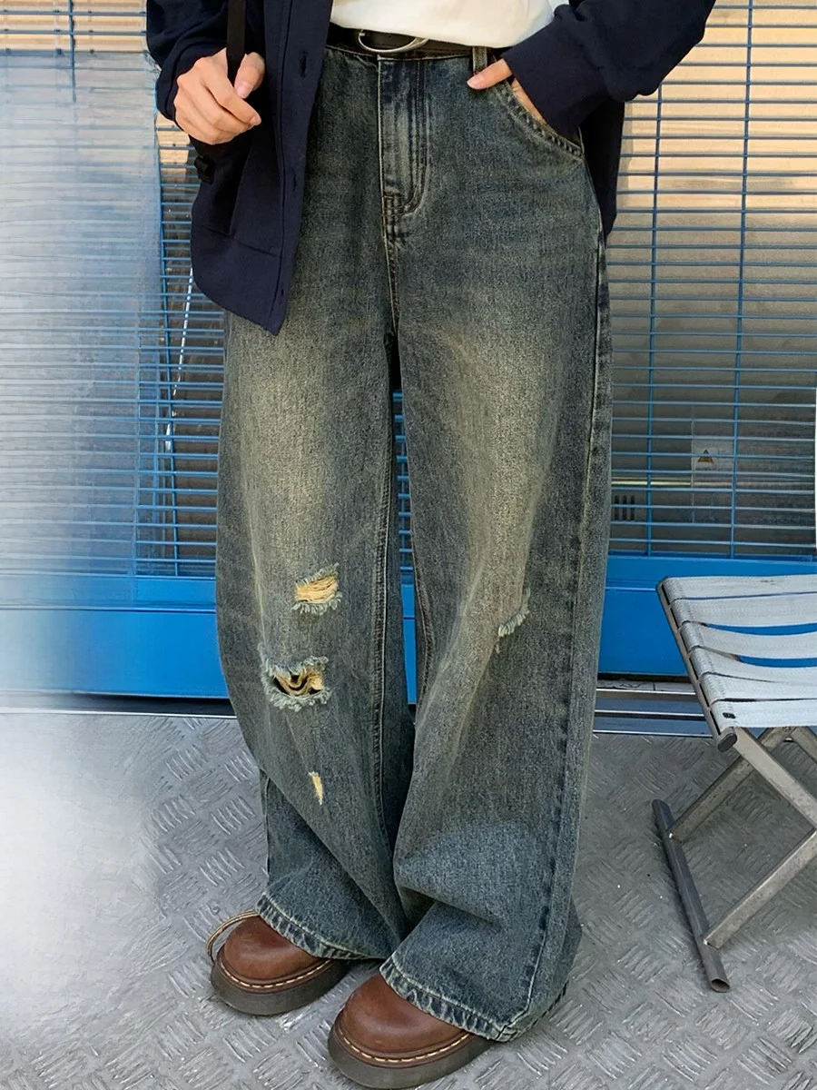 

RAINY American Sle винтажные рваные потертые джинсы с высокой талией женские свободные широкие утягивающие брюки длиной до пола