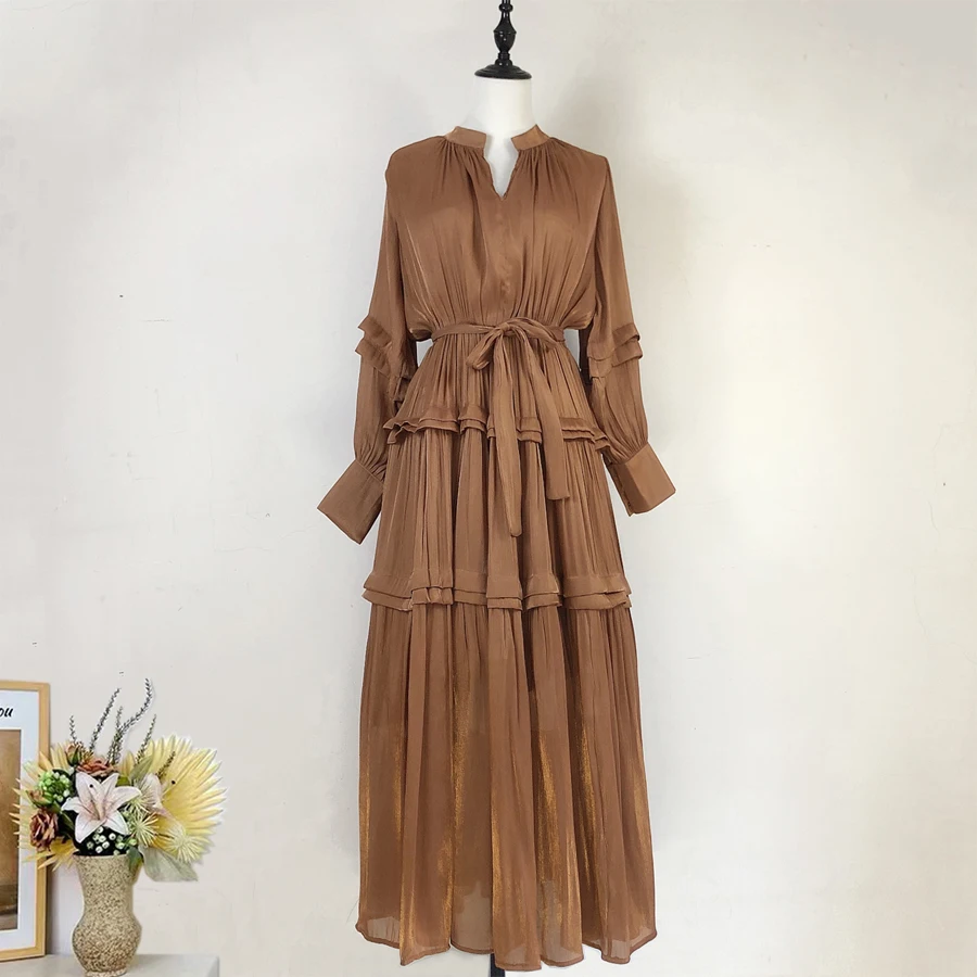 

French Elegant Fold Shine Robe Dress For Women V-Neck Long Lantern Sleeve High Waist Belt Formal Occasion Party Prom Vestido