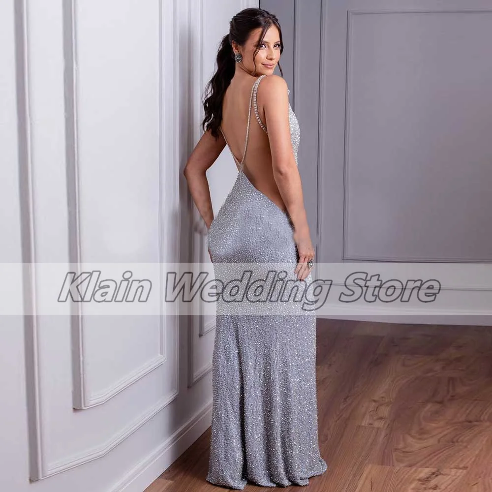 Customized Sparkling Sheath Evening Dress Sleeveless Deep V-Neck Hollow High Slit Backless Women's Sweep Train Sexy Gorgeous Pro