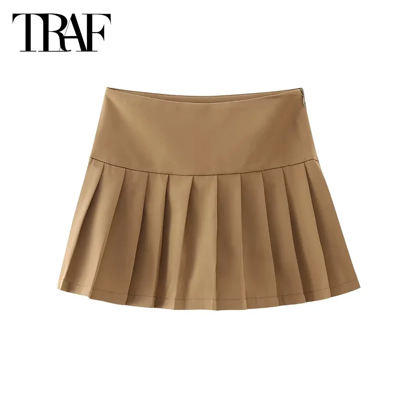 TRAF Pleated Mini Skirt Pants 2024 Summer Autumn Elegant Skirt Shorts Ladies Fashion Casual Khaki Grey Short Skirts For Female