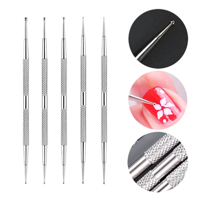 5Pcs Nail Art Dotting Pen Dual End Stainless Steel Design Painting Picking Dot Rhinestones Crystal Gems Acrylic Manicure Tools