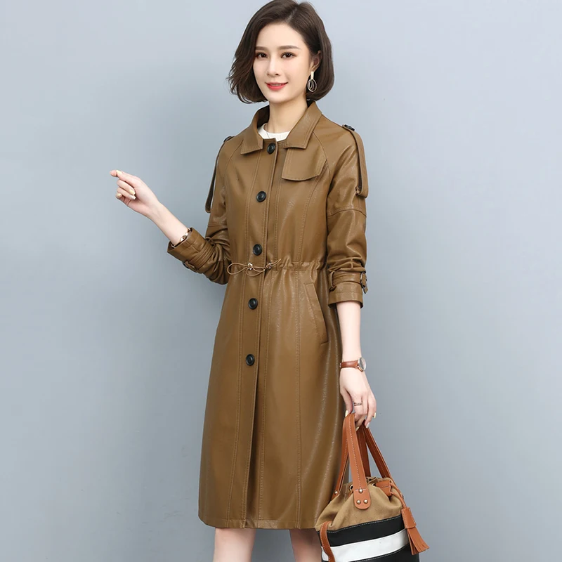 

Pop Women Genuine Leather Trench Coat Spring Nice Fashion Turn-down Collar Solid Color Drawstring Loose Long Sheepskin Coat