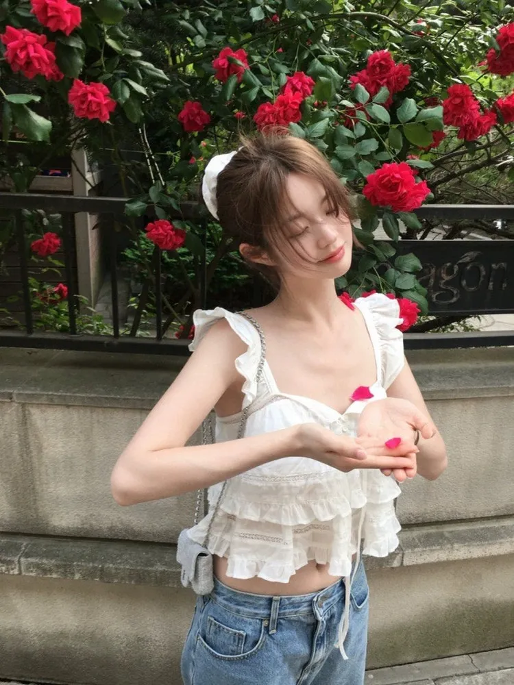 

Sweet Girl Dongda Gate Eight Milk Barnnet Ruffle Sve Vest Top Strap Summer Korean Sle Commute Cotton ort Sve Blouse