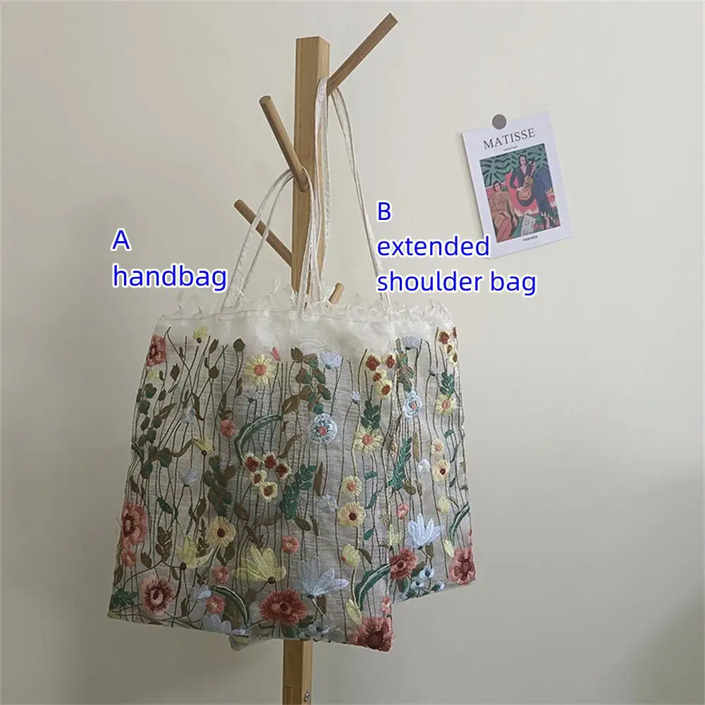 1Pc Fashion Tote Summer New Style Mesh Full Embroidery Flowers Clear Shoulder Bag Romantic Handbag Women\'s Eco Shopping Bag 2023