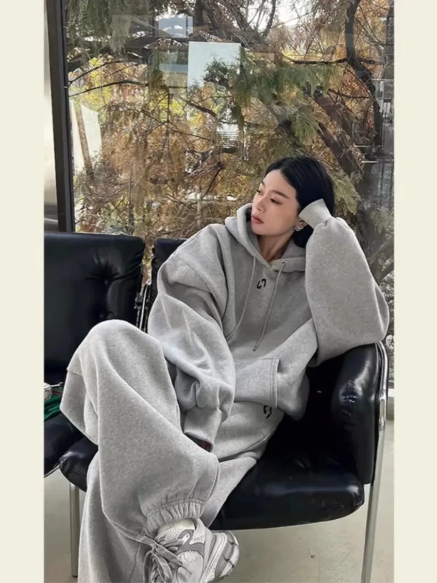 plus Size 300 Pounds Korean Lazy Style Sportswear Set Women's Autumn Winter Loose Hoodie Sweatshirt Casual Pants Two Piece Set