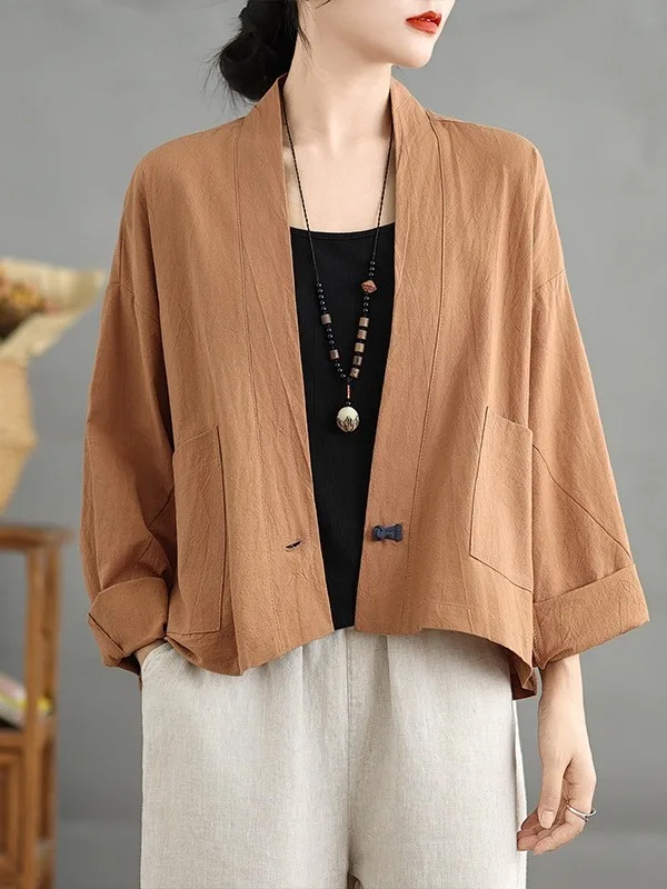 

Retro Waed Cotton Linen irt Women's plus Size Autumn Winter New Sle Loose One Button Open Cardigan ort Jaet