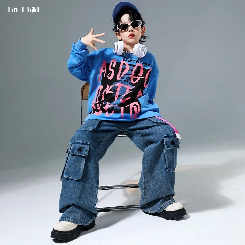 Kinder Hip Hop coole Sweatshirt Jungen Tasche Denim Cargo hose Mädchen Street Dance Pullover Streetwear Kind Jazz Kostüm Kleidung Set