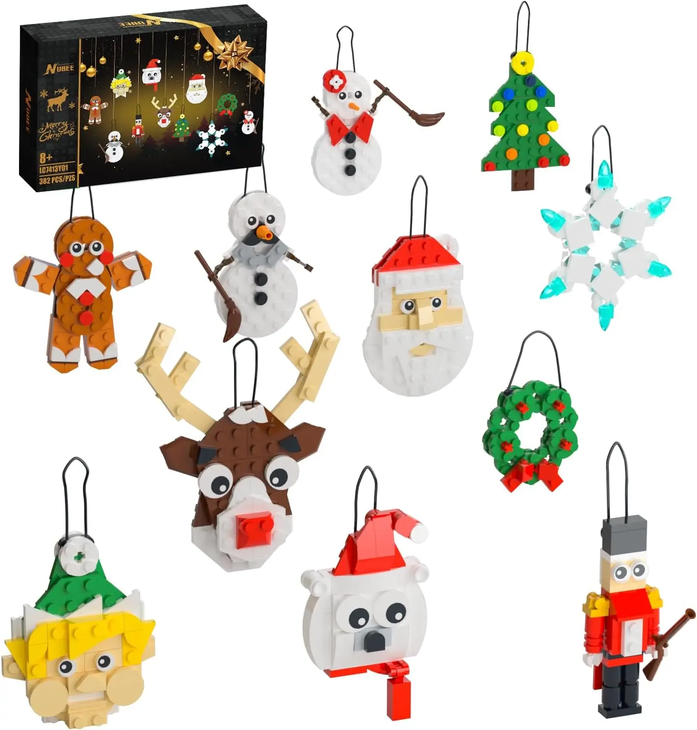 Kit de construction d'ornements de Noël, arbre de Noël, couronne, père Noël, bonhomme de neige, pain d'épice, renne, casse-noisette, flocon de neige, 11 en 1