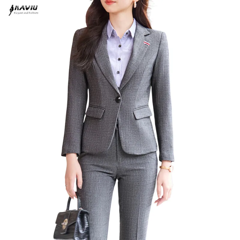 NAVIU 2023 New Autumn Winter Gray Suits Women Professional Business Formal High End Temperament Blazer And Pants Sets Work Wear