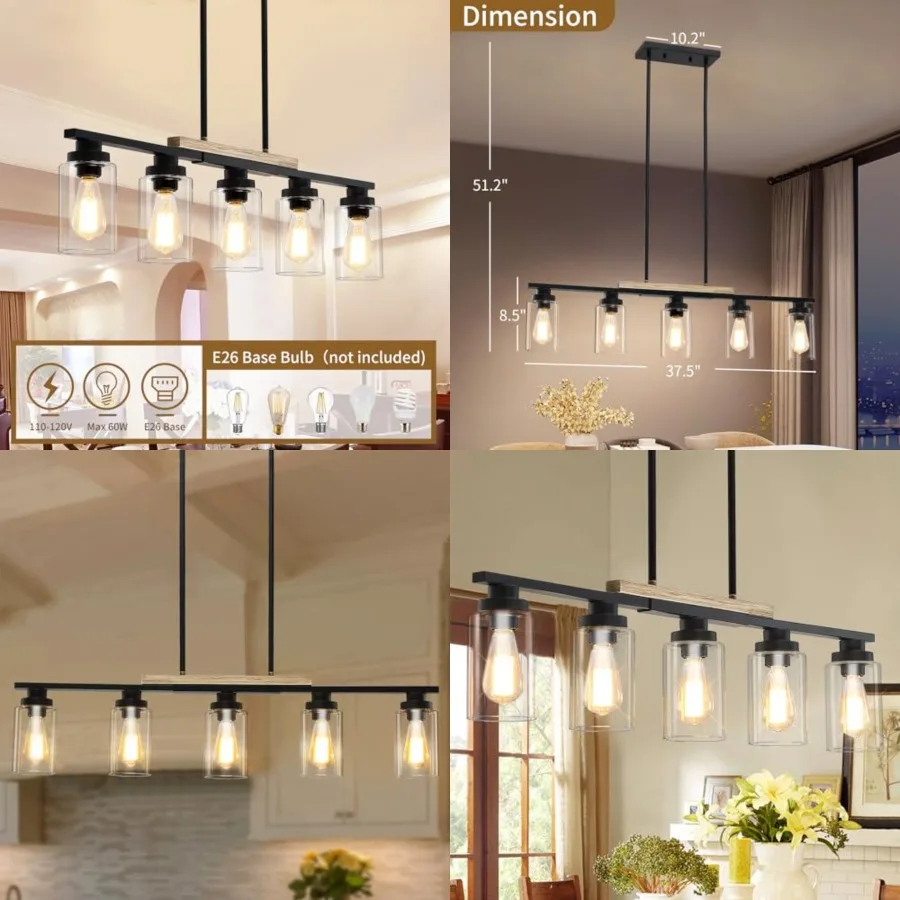 

Yusist Farmhouse Kitchen Island Lighting, 5-Light Dining Room Light Fixtures Over Table Linear Chandelier Pendant Lighting with