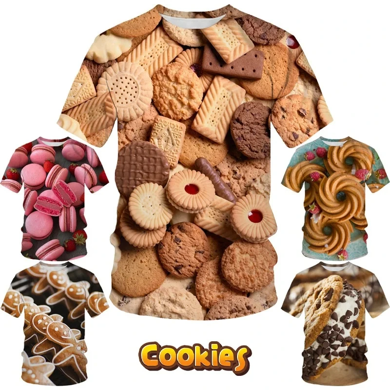 Funny Food Cookie Graphic T Shirt for Men Clothing Unisex Women Clothes Round Neck Short Sleeve Macaron Waffle T-Shirt Tops Tee