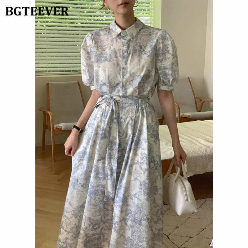 BGTEEVER Vintage Short Sleeve Female A-line Floral Dress Casual Slim Waist Lace-up Pockets Female Single-breasted Midi Dress