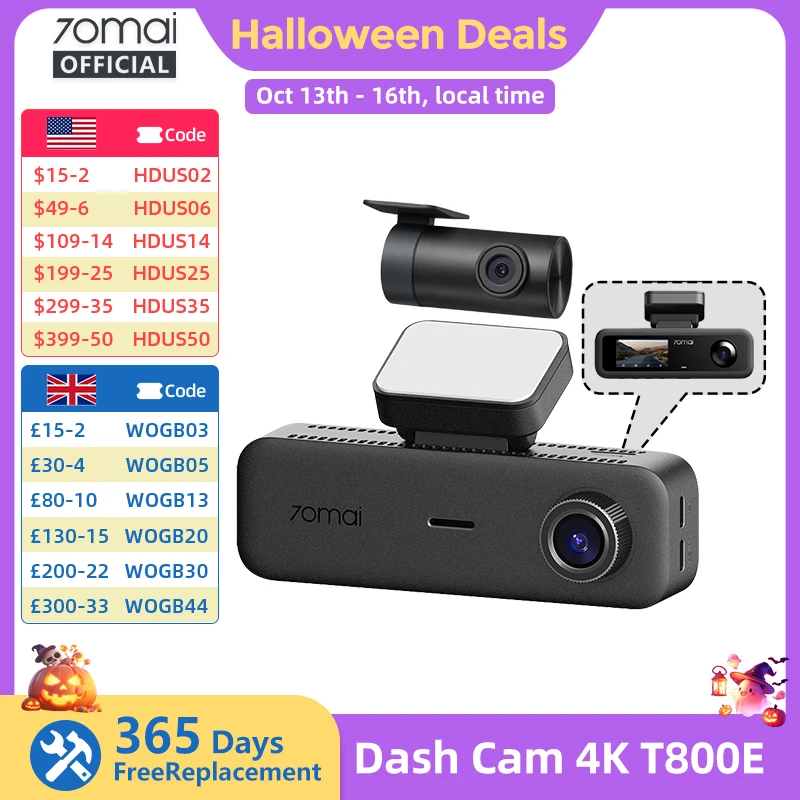70Mai T800E 3-Channel Dash Cam Front 4K + Rear 1080P + Interior 1080P Hdr Supercapacitor 24H Parking Gps Voice Control Wi-Fi6