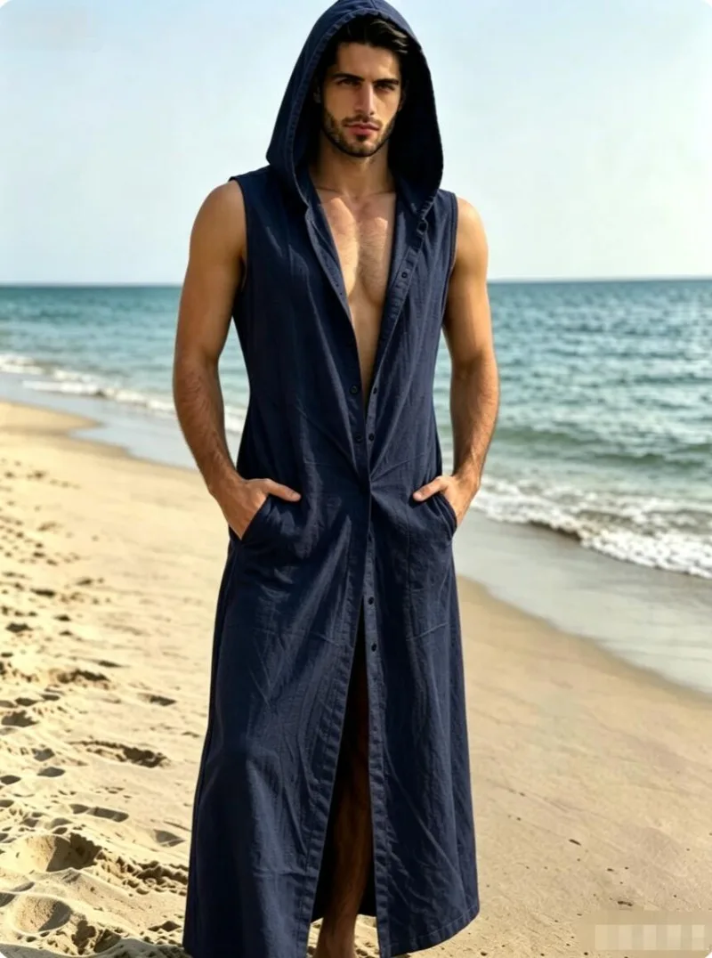 Men's Sleeveless Hooded Long Cardigan Button Down Beach Coverup Long Robe Casual Summer Male Vacation Sleeveless Tunic Coat