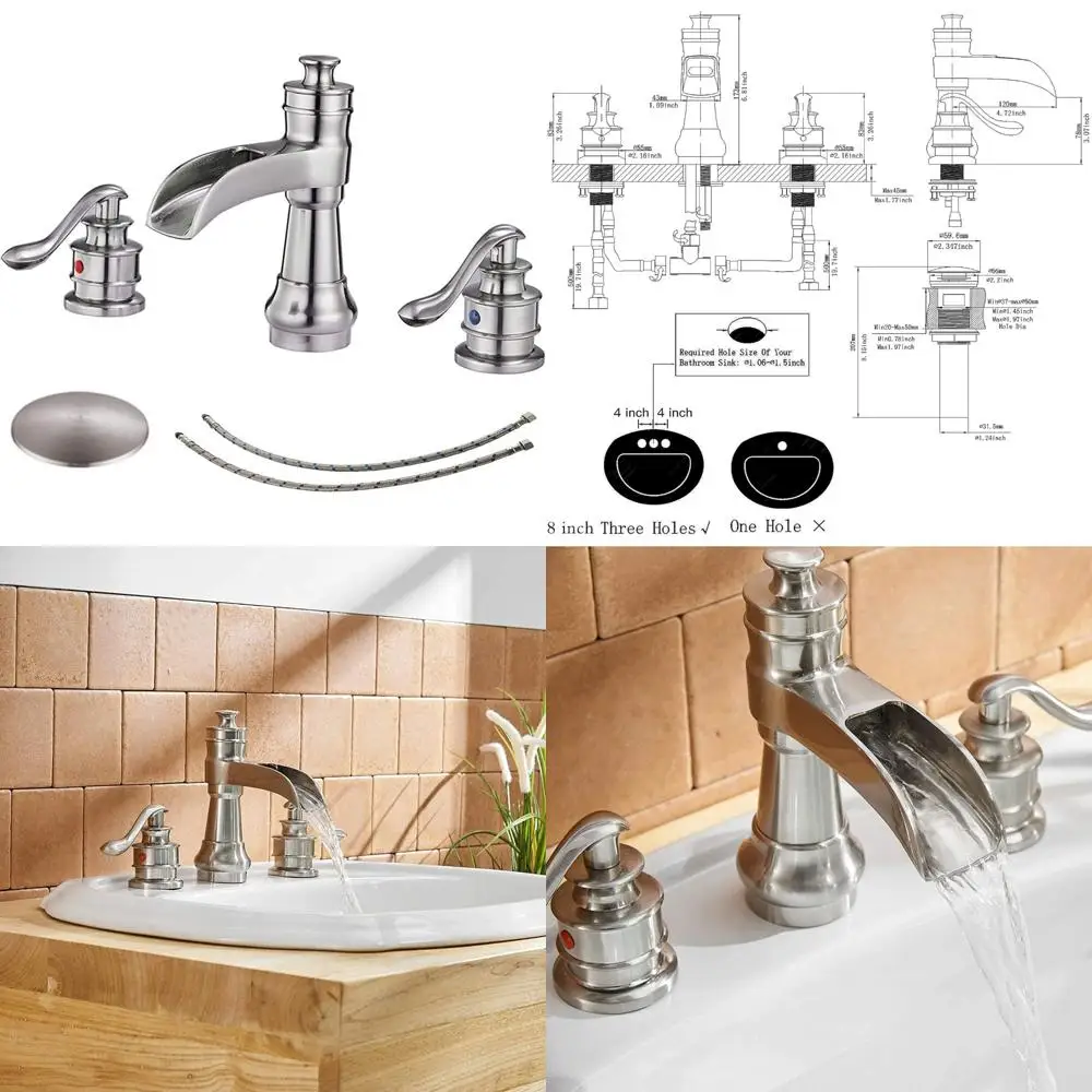 

Two-Handle 3-Hole Bathroom Sink Faucet with Drain Assembly and Pop-Up Stopper in Brushed Nickel with Waterfall Design