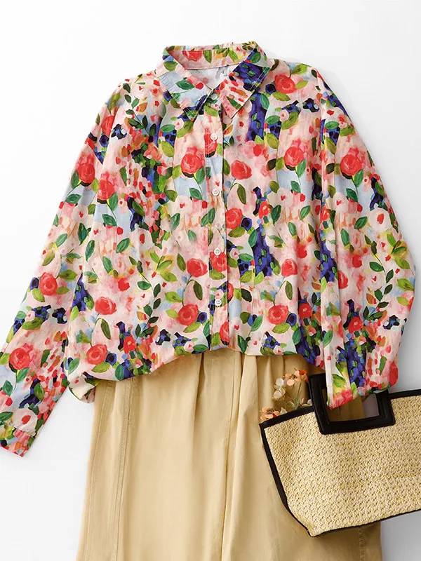 

Large Size Rose Print Casual Sle Women's irt Spring Season Faionable All-Match Design Cotton Material Loose Fit