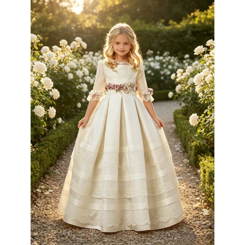 Customized Lace Flower 3/4 Sleeve Wedding Dresses 2026 Floral Belt Sheer Layered Floor Skirt Children's Princess Beauty Pageant