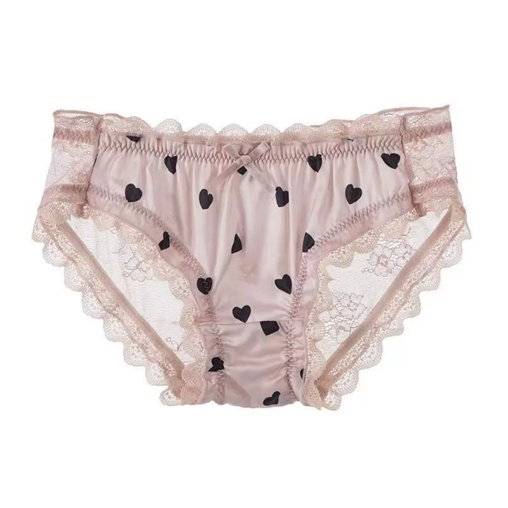 

Soft Satin Silk Lace Bow Panties Love Pattern Mesh Flower Transparent Underpants Mid Waist Seamless Briefs for Women Women