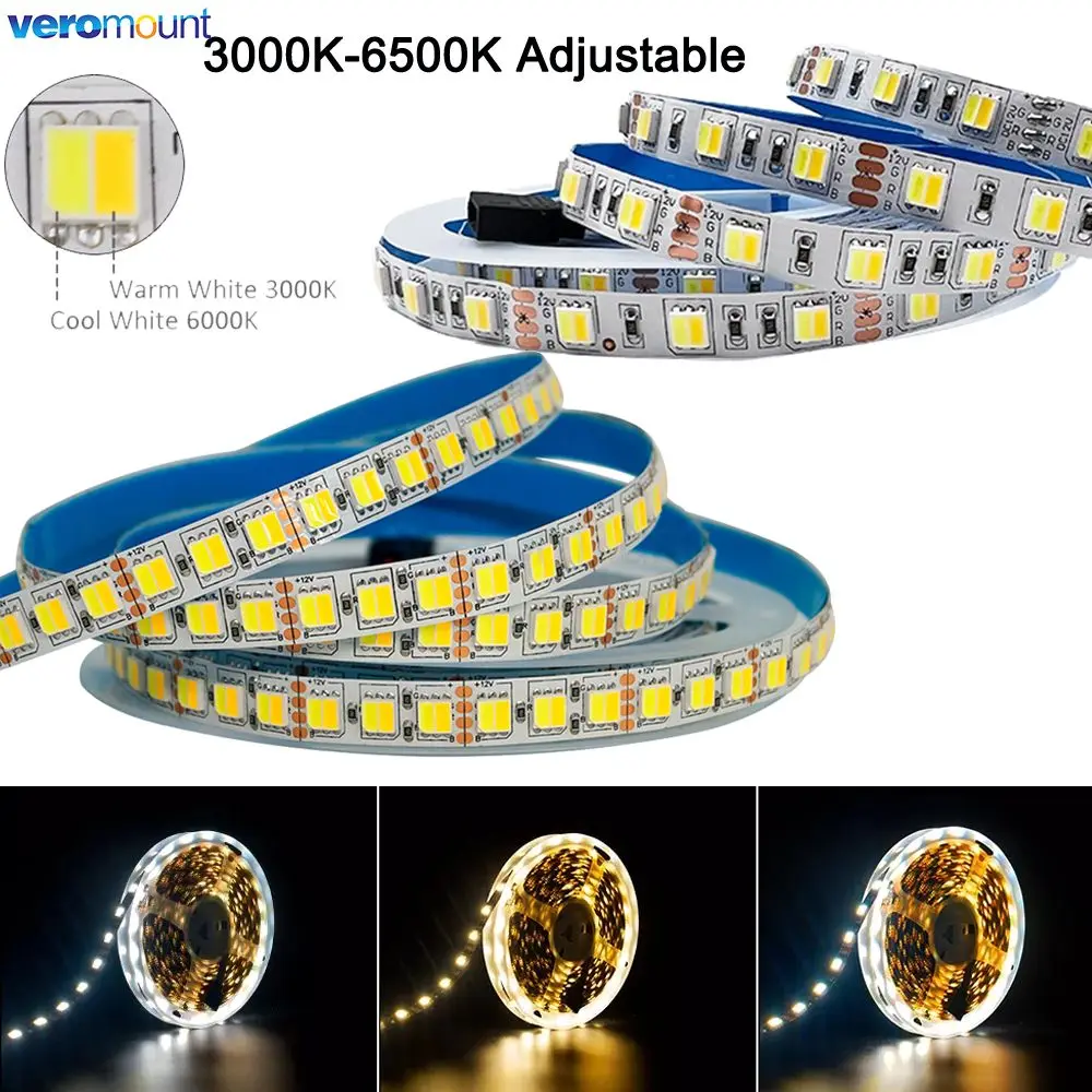 5m 5050 5025 CCT LED Strip 60LEDs/m 120LEDs/m Dual White CW+WW CCT 2 in 1 Color Temerature Ajustable LED Tape 12V 24VDC 10mm PCB