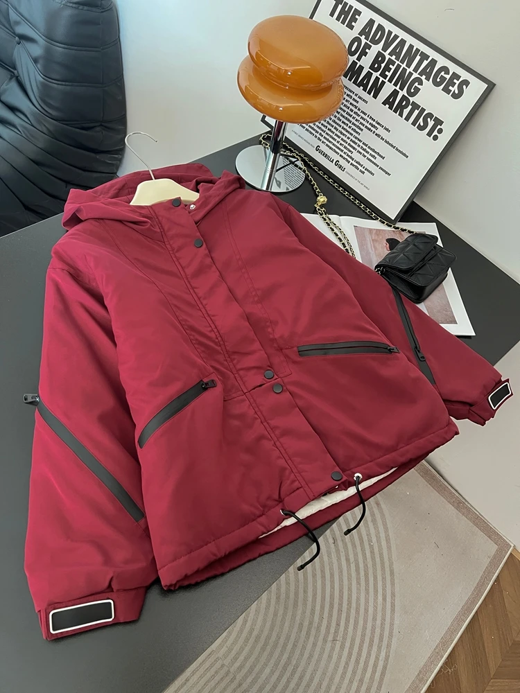 

Ele Red Hooded Jaet Women's plus Size Spring 2026 Trendy Anti-Aging Cotton Lined Outerwear Casual Commute Sle