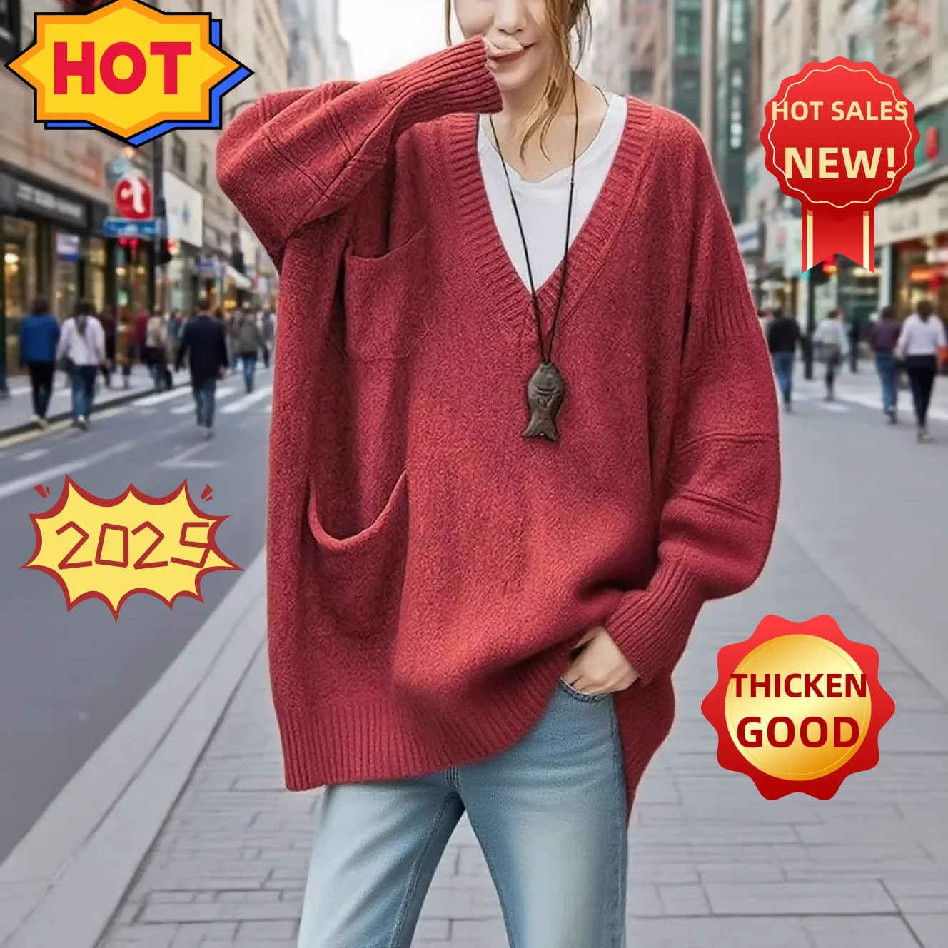 Angola красный свитер 2025 осенний новый женский свитер с v-образным вырезом и длинными рукавами, вязаные топы с длинным подолом, осенне-зимние свитера, куртка