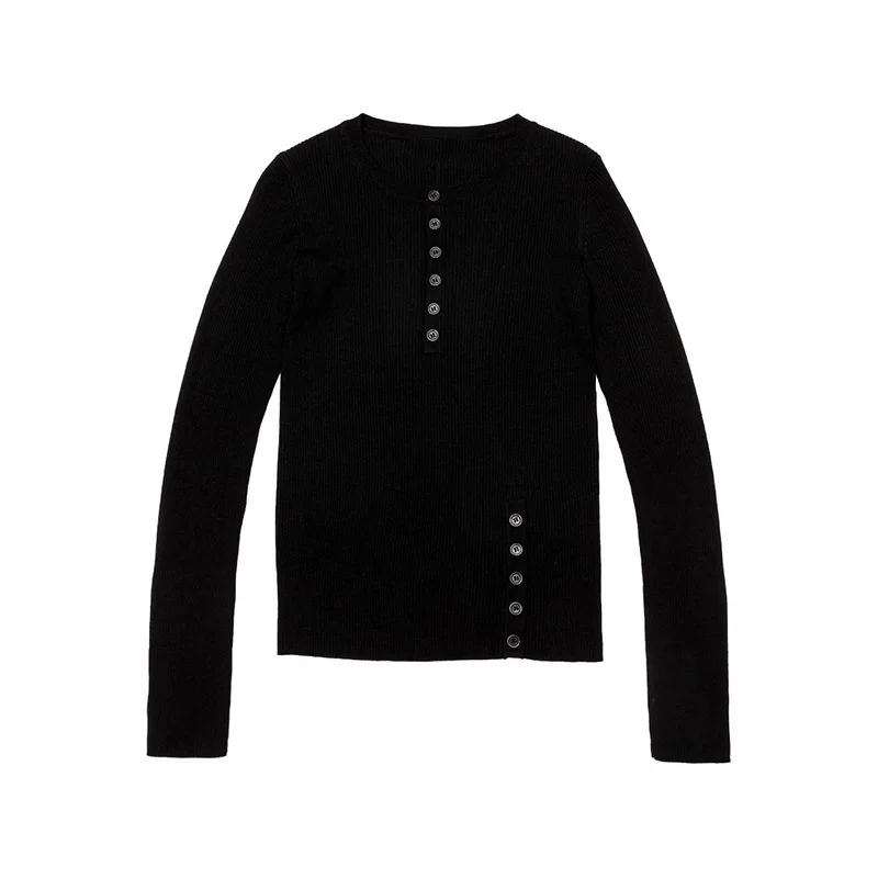 Damen Y2K Geripptes Strickoberteil, Langarm, Knopfverzierung, Slim Fit, Rundhalsausschnitt, Pullover, lässige Streetwear, Herbstmode, Bluse für Mädchen – Detail 2