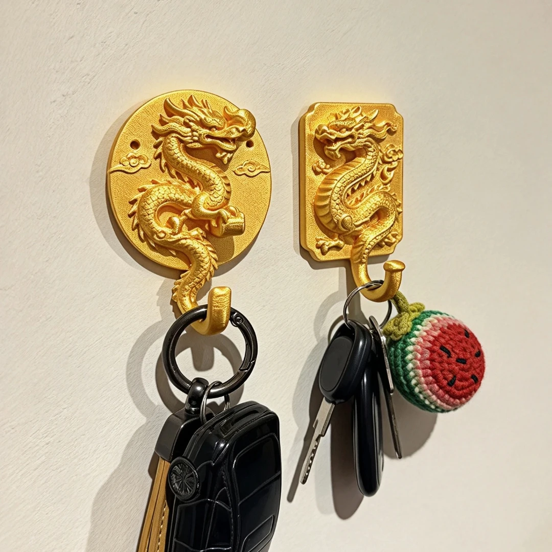 2pcs decorative relief dragon-shaped wall-mounted punch-free key hooks, new Chinese style home decor key and hat storage