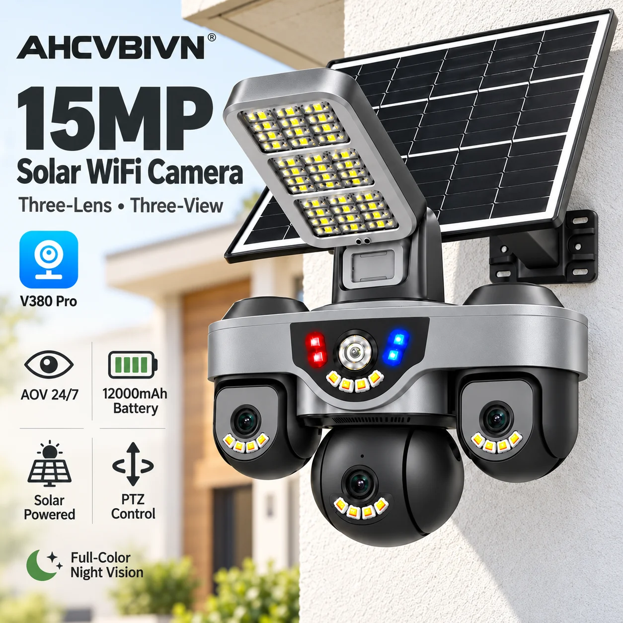 15MP 4‑Lens AOV WiFi Solar Security Camera  3‑Screen Simultaneous Monitoring Red‑Blue Strobe Alarm Outdoor PTZ Surveillance Cam