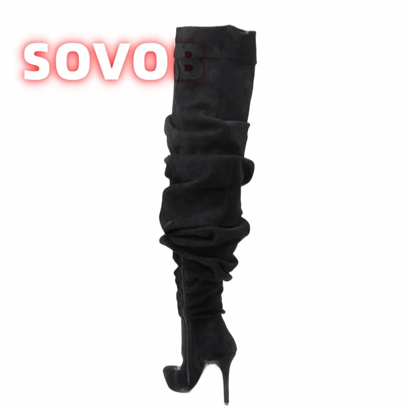 

Blue Denim Stiletto Heels Over The Knee Boots Women's Pointed Toe Heeled Thigh High Boots Fashion Pleated Splicing Long Boots