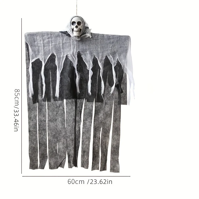 دعامة شاش على شكل رأس جمجمة الهالوين - زخرفة معلقة واقعية مع شاش أبيض وأسود ممزق، ديكور حفلات بلاستيكي مخيف #6