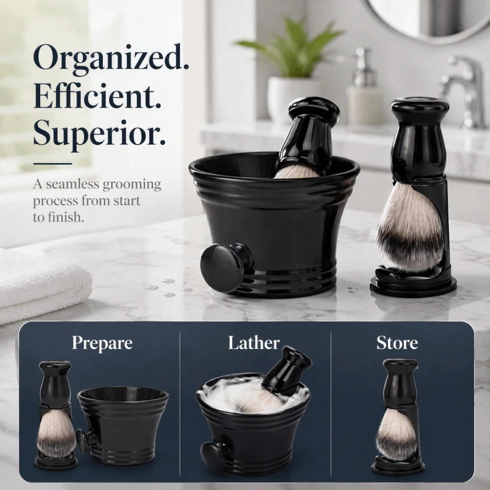 3PCS Soft Nylon Hair Shaving Brush Set ABS Handle Stainless Steel Bowl Beard Brush Black Men's Shaving Kit