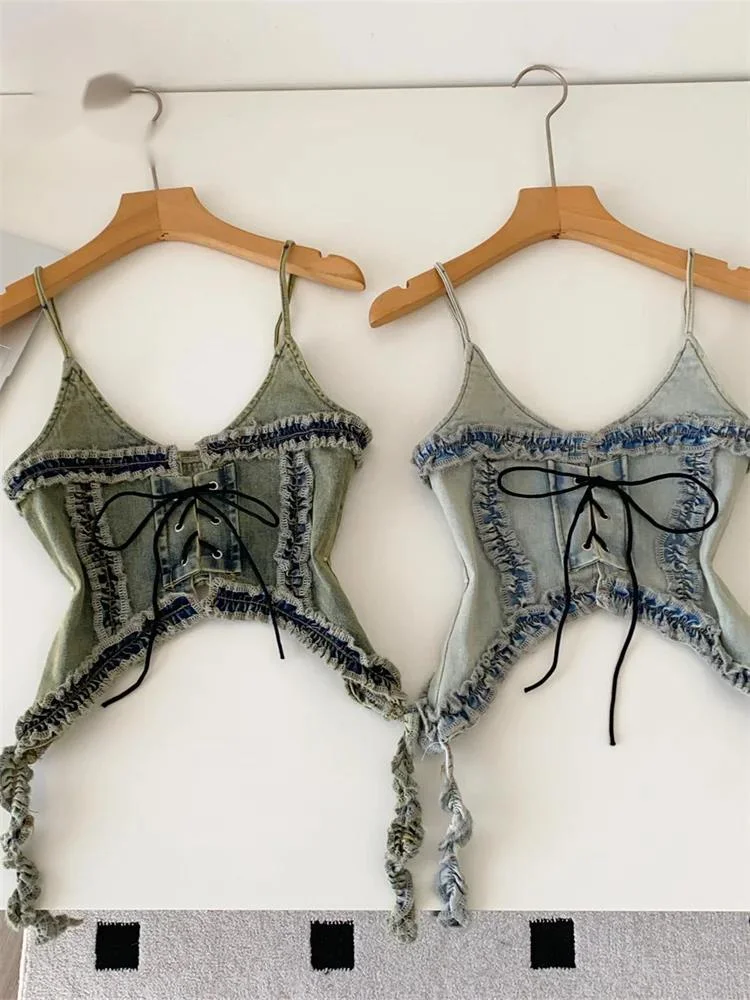 

Сексуальный джинсовый топ на шнуровке с V-образным вырезом и открытой спиной, с эффектом потертости, в стиле Ins, для пляжа, женский летний топ-майка с оборками и вставками, Hotsweet