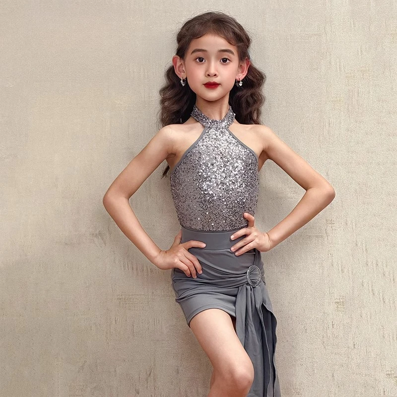 2025年新作サマーラテンダンスドレス、女の子練習着、子供用高級パフォーマンスドレス、子供用セット