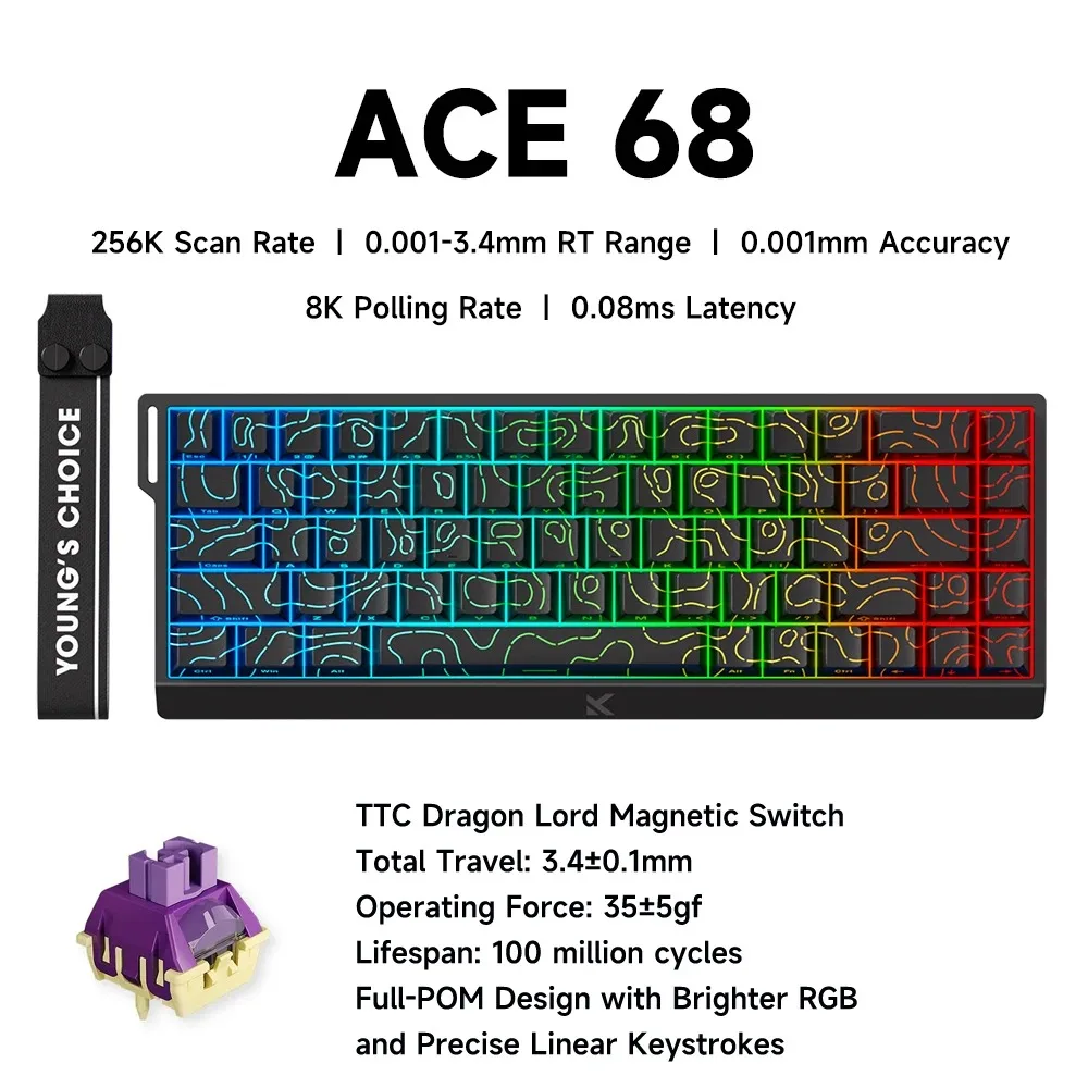 MCHOSE ACE68 Magnetisch toetsenbord Bedraad Mechanisch Gaming 0,01 mm RapidTrigg 8000 Hz SOCD/Rs 0,125 ms 128K Sampling Rate voor Logitech