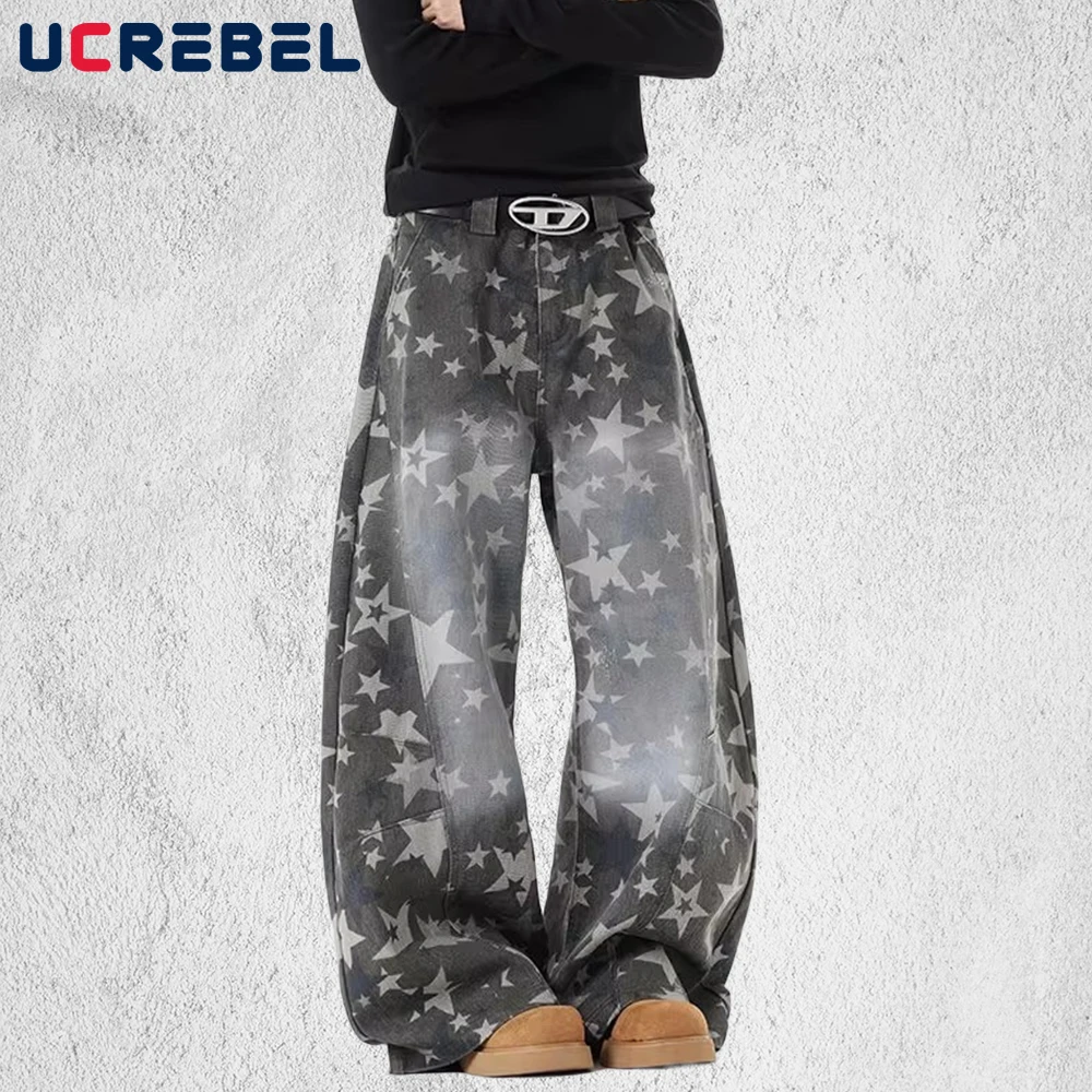 

Камуфляжные брюки-карго со звездным принтом, мужские уличные брюки Y2k в стиле ретро, потертые широкие брюки, мешковатые мужские брюки-бананы