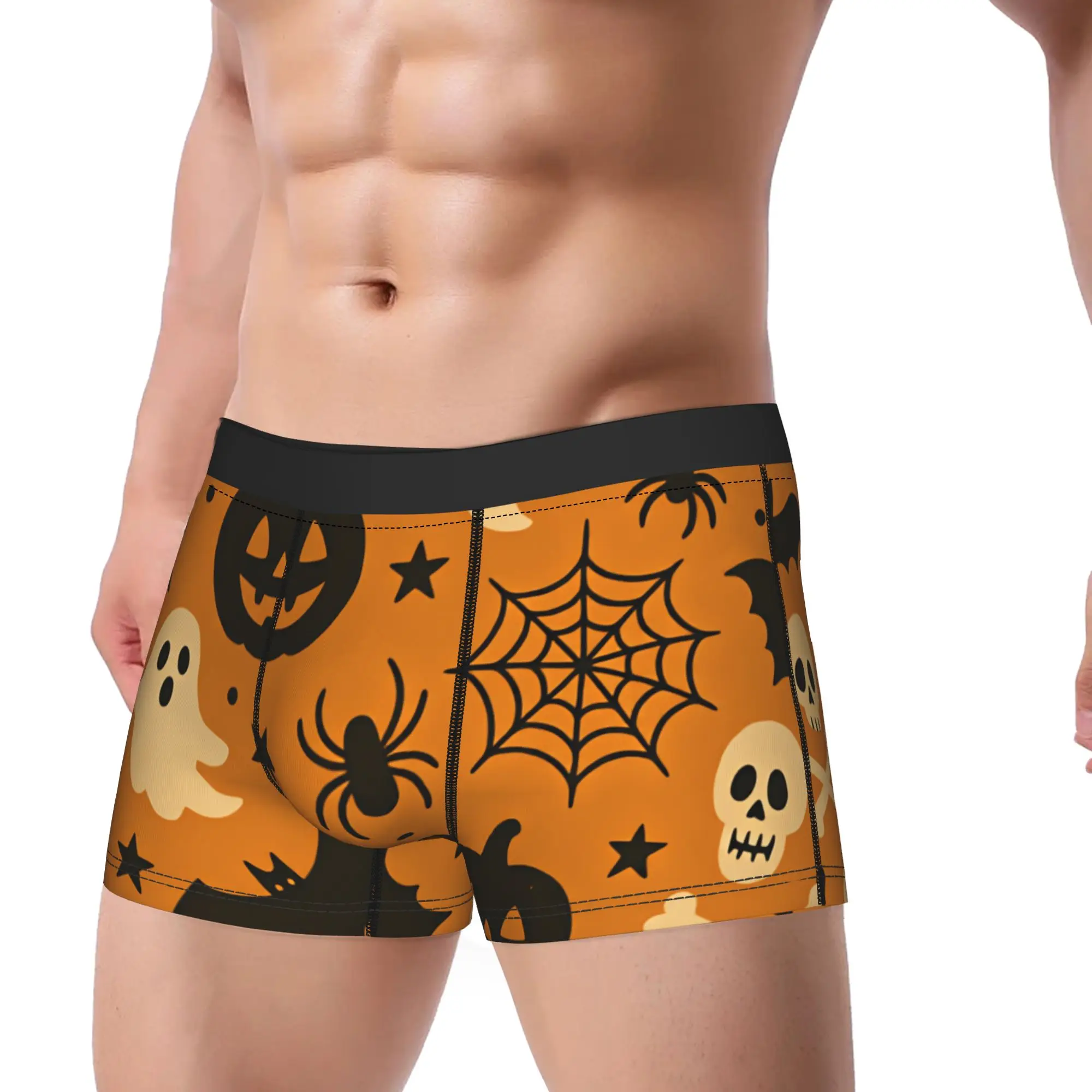 Halloween Ghost Bat Skull Spider Pumpkin Orange Seamless Pattern Underwear  Novelty Panties Customs Boxer Brief Males 3D Pouch