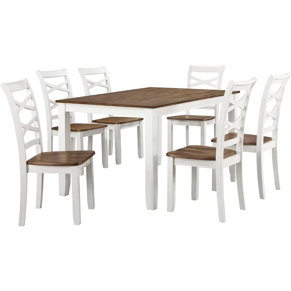 Dining Table Set for 6 with Cross Back Chairs, 7 Piece Kitchen Table Set, Solid Wood Dining Room Table and Chairs