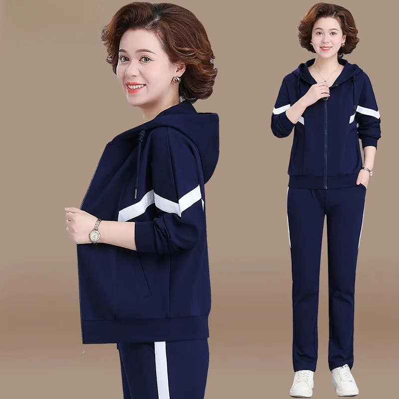 

Casual Sweatirt Two-Piece Set for Middle-Aged Mothers Trendy Autumn Faion Polyester Fiber Long Pants Regular Sve Zippe...