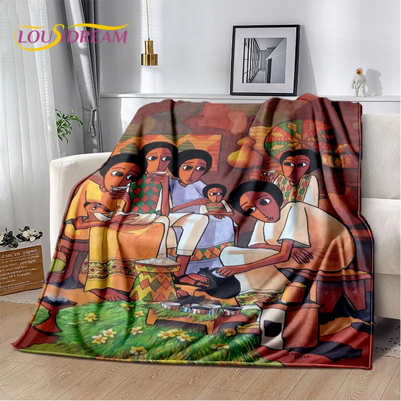 Classics Cartoon Africa Ethiopian Painting Art Blanket,Soft Throw Blanket for Home Bedroom Bed Sofa Picnic Office Travel Cover