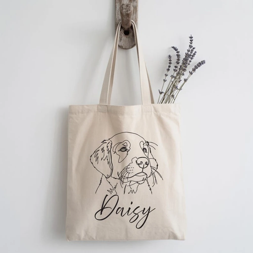 

Canvas Tote Bag Handmade Line Art Custom Pet Portrait Print Reusable Shopping Bag Lightweight Daily Use For Pet Lovers