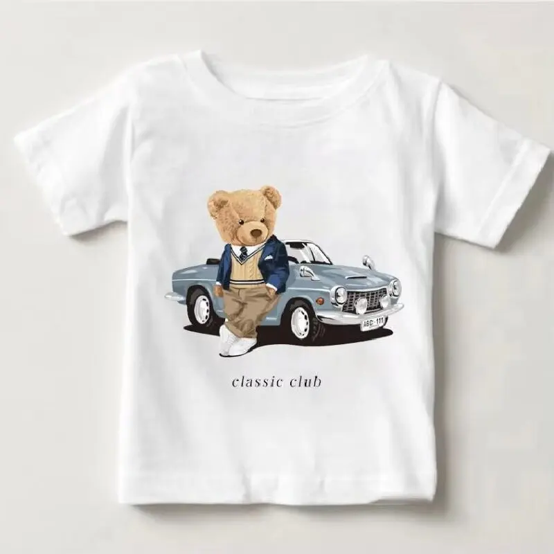 FunnyTop Bear Riding Car Print Boys And Girls White T-shirt Children's Summer Harajuku Kawaii Funny Baby Y2K Clothes