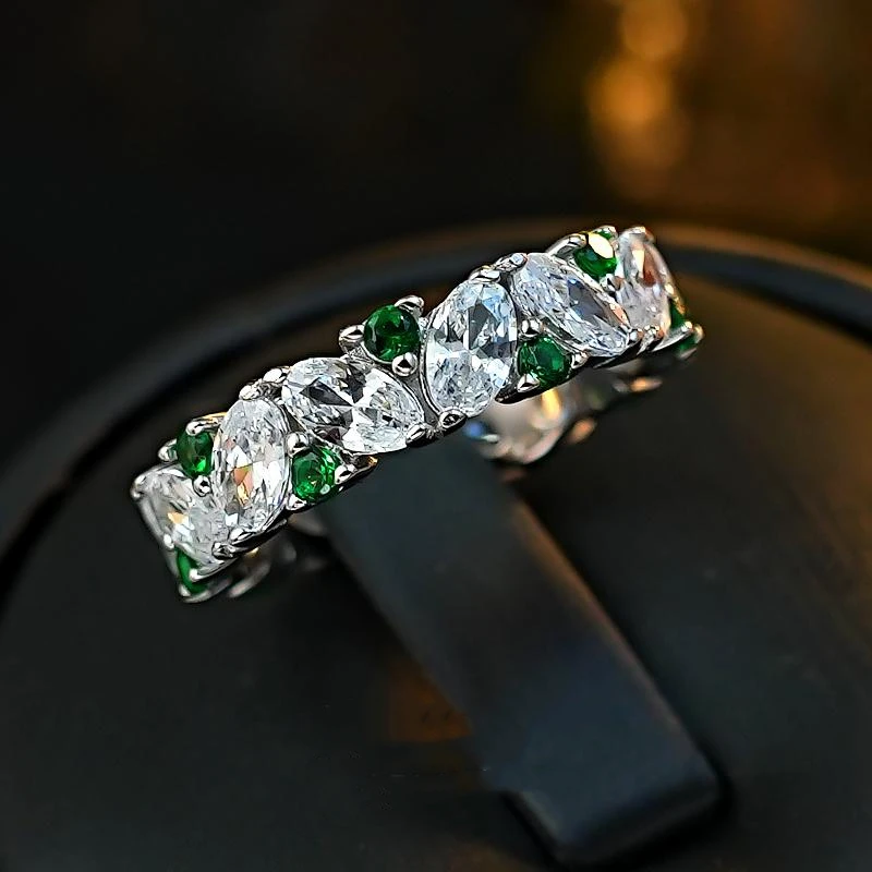 Elegant Green Lab Emerald Row Ring Engagement Ring 925 Sterling Silver Ring for Women Gift