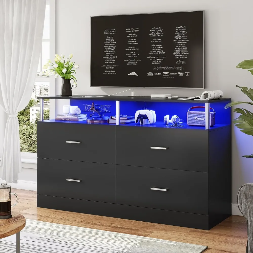 Dresser for Bedroom with 4 Drawers,Dressers & Chests of Drawers with Column Design & Charging Station, Modern Led Long Dresser