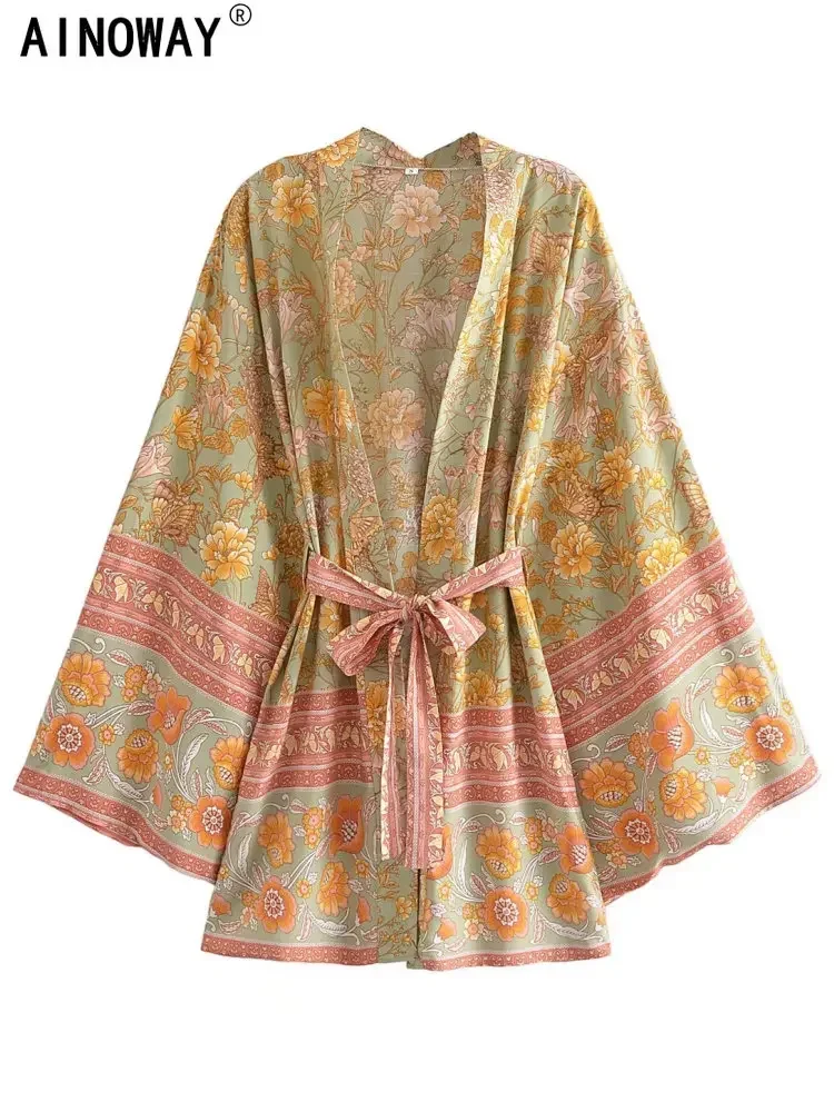 Vintage Multi Floral Print Women Bohemian Kimono Beachwear Batwing Sleeves Rayon Robe Beach Boho Bikini Cover-ups