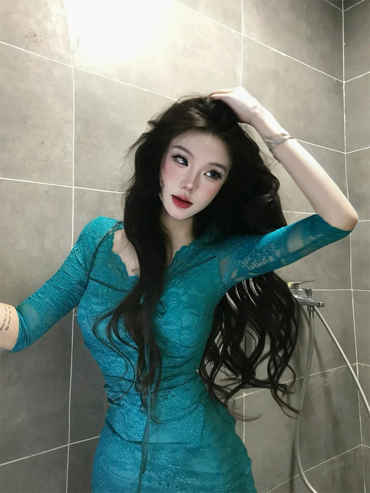 

Женское облегающее платье XZY с V-образным вырезом и кружевной отделкой, с запахом, из полиэстера, повседневное, короткое