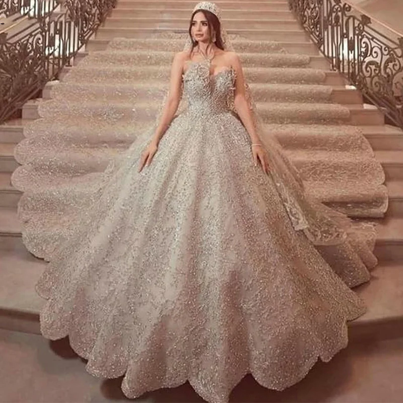 2024 Luxury Ball Wedding Dresses Sweetheart Beading Crystal With 3D Flowers With Train Wedding Long Gown Gorgeous Robe De mariée