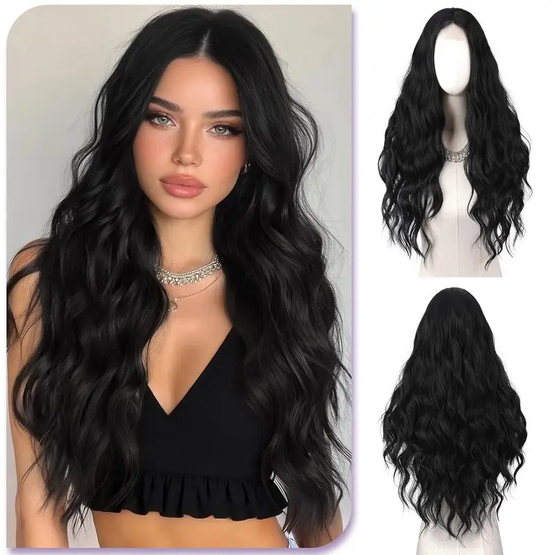 Fashionable women's wig with middle parting, water wave pattern, wool curls, European and American style, full head cover