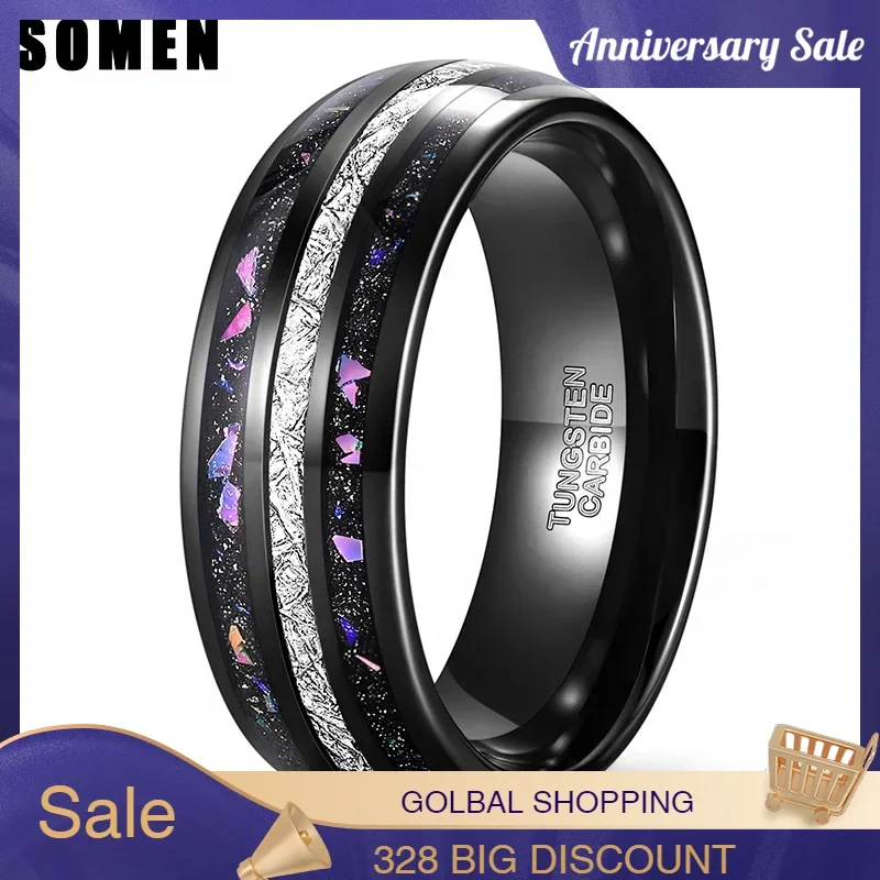 Somen 8mm Tungsten Wedding Band Ring for Men Women Multi-Colored Opal and Meteorite Inlay Domed High Polish Comfort Fit Size 6-1