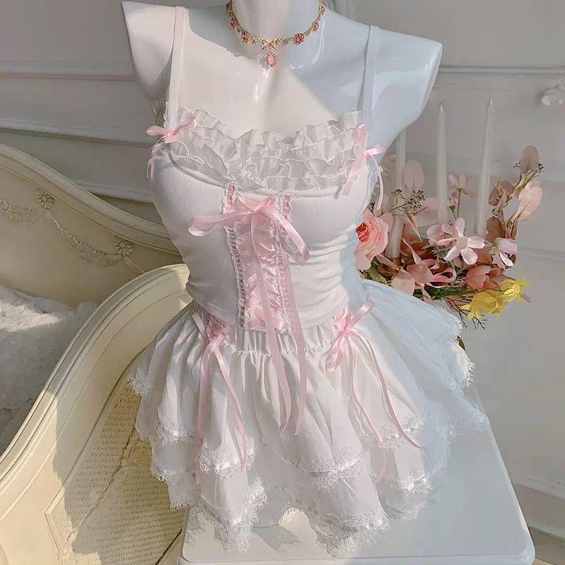 Mini jupes mignonnes pour filles douces, garniture en dentelle, décoration de nœud, taille élastique, short de style Lolita, vêtements Kawaii, été